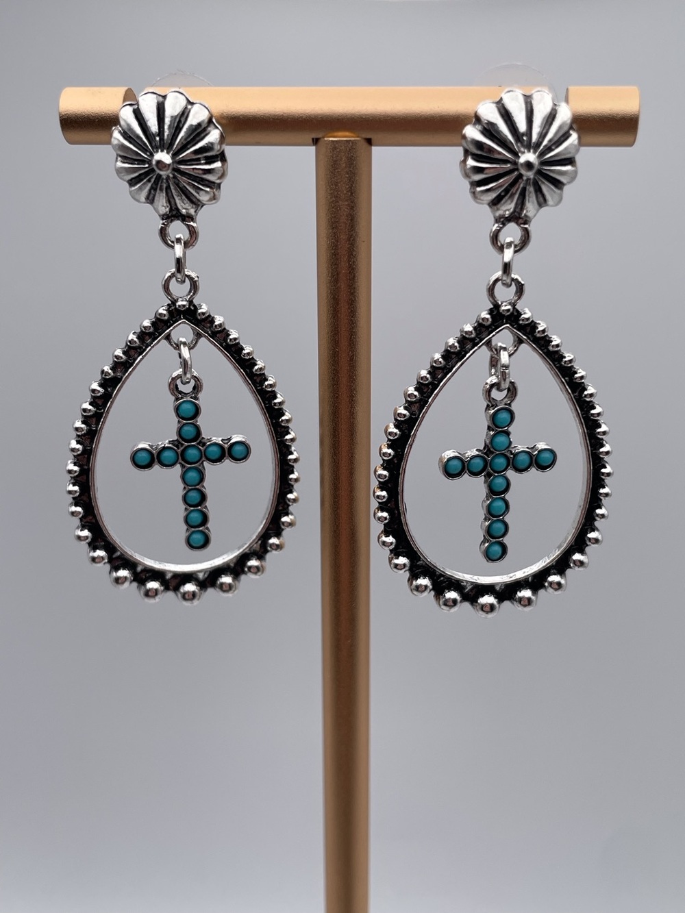 Silver Water Drop Turquoise Cross Drop Earrings Stainless Steel